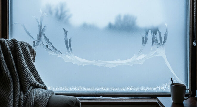 Cozy winter scene with frost patterns on the window and warm blanket, perfect for evoking peaceful moments and seasonal charm during cold weather months