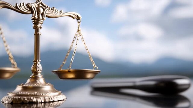Symbol of Justice: A finely crafted scale of justice stands in the foreground, its balance symbolizing the impartial application of law, with a judge's gavel subtly in the background