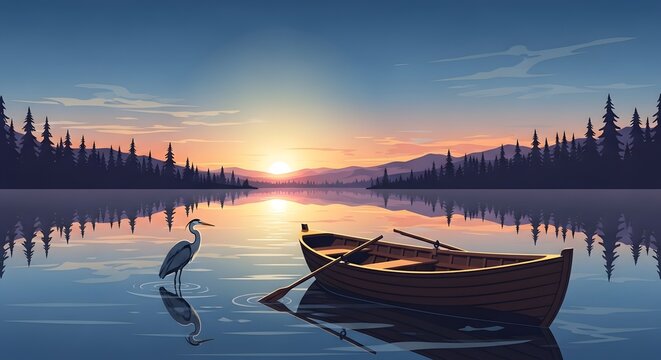 Serene sunrise over calm lake with rowboat and heron