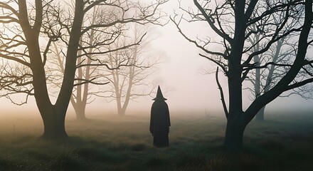 Mysterious Figure in a Foggy Forest - A Spooky Scene.