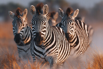 Fototapeta premium A stunning close-up of a herd of wild zebras galloping through the tall, dry grass of the African savanna at golden hour, kicking up dust
