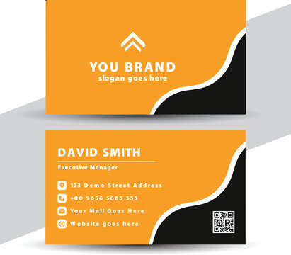 Modern orange and black business card design with rounded corners and professional branding elements