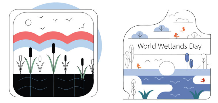 World Wetlands Day Illustration: An artistic portrayal of wetlands, showcasing vibrant scenery and promoting the significance of World Wetlands Day.