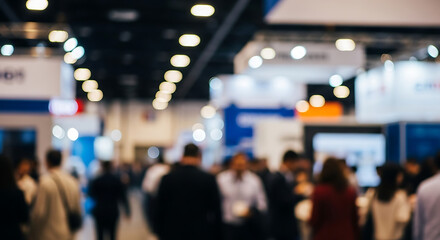 Blurred image of a crowd of people attending a convention or trade show with bright overhead lighting