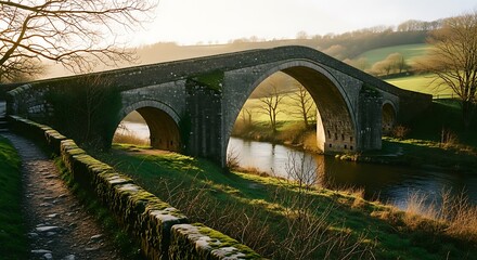 Stone Bridge Spanning River in Lush Green Landscape.