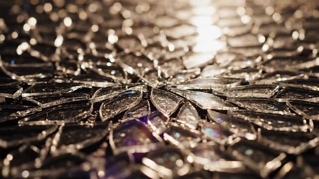 Abstract close-up pattern of shimmering broken glass shards arranged in a circular, reflective design, textural background.