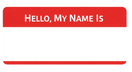 Classic Red Name Tag Sticker Template "HELLO, MY NAME IS" Vector isolated on Transparent Background