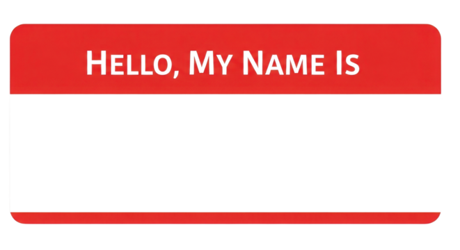Classic Red Name Tag Sticker Template "HELLO, MY NAME IS" Vector isolated on Transparent Background