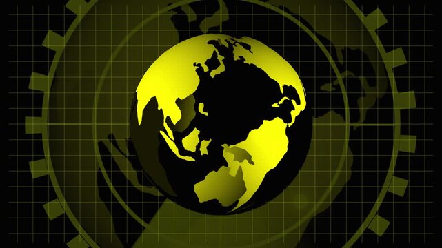 Yellow 3D Earth Globe Illuminated on a Dark animated Background with Radar Grid and Gear Elements. High-tech yellow 3D globe with radar grid and rotating gears scanning continents in smooth digital - Powered by Adobe