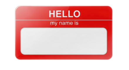 Glossy Red Vector Name Tag Label saying "HELLO my name is" isolated on Transparent Background