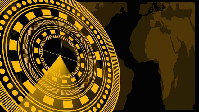 Yellow Digital Radar Interface with World Map Silhouette on a animated Black Background technology. Futuristic yellow digital radar overlay scanning continents with moving glowing dots on a world map