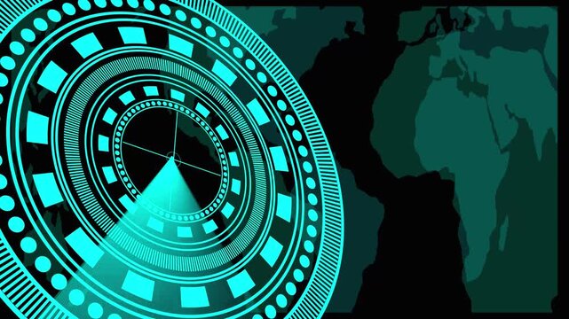 Futuristic Teal Radar Display Over World Map animated Background technology digital. High-tech teal radar interface highlighting continents on world map with animated digital scanning signals. - Powered by Adobe