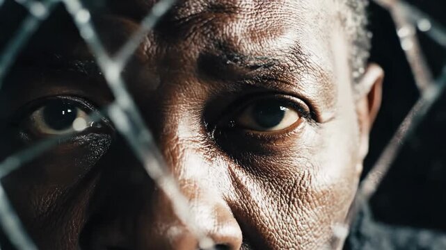 Reflective portrait of an older African American man looking at his face in a severely cracked mirror, contemplating self and struggle.