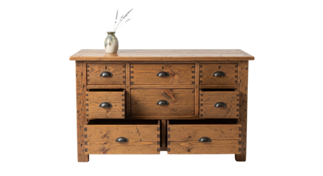 Isolated Rustic Wooden Storage Cabinet with Drawers Open and Small Vase isolated on Transparent Background