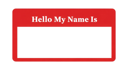 Classic Red Vector Name Tag Sticker Template with "Hello My Name Is" Text isolated on Transparent Background