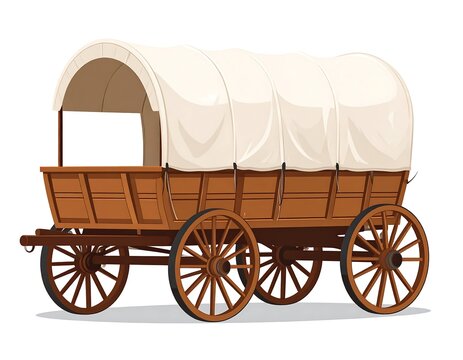 Cartoon illustration of a classic covered wagon with large wooden wheels