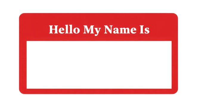 Classic Red Vector Name Tag Sticker Template with "Hello My Name Is" Text isolated on Transparent Background