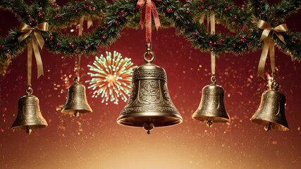 Golden Christmas Bells Hanging with Festive Fireworks Background.