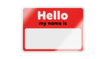 Isolated shiny Red Name Tag Sticker Template with blank space and 'Hello my name is' text isolated on Transparent Background