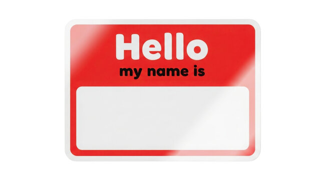 Isolated shiny Red Name Tag Sticker Template with blank space and 'Hello my name is' text isolated on Transparent Background