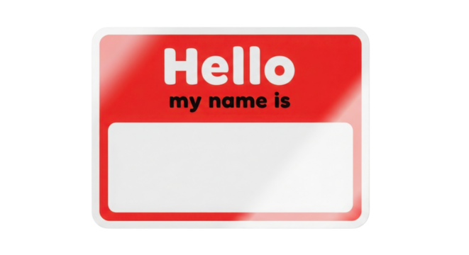 Isolated shiny Red Name Tag Sticker Template with blank space and 'Hello my name is' text isolated on Transparent Background - Powered by Adobe