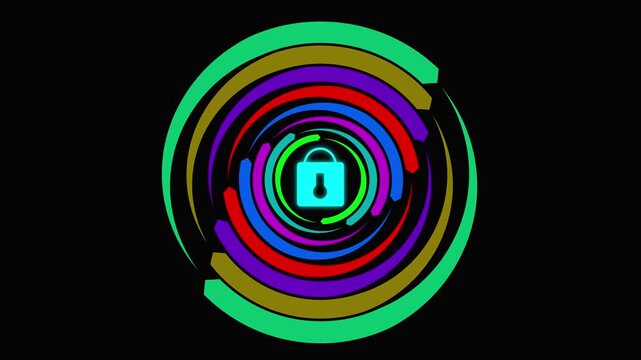 Two Interlocking Colorful Abstract Circular Designs on animated Black background circle. Colorful interlocking circular abstract shapes forming dynamic animated motion and flowing patterns.