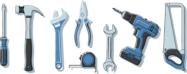 Vector Illustration Set of Essential Hand Tools, Including a Hammer, Drill, Wrenches, Screwdriver, Pliers, Tape Measure, and Hacksaw, for Construction and Repair.