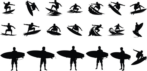 Surfer Black Silhouette Set, Dynamic Collection of Men Riding Ocean Waves and Standing with Surfboards in Various Action and Beach Poses Vector Illustration Content, Isolated on White.