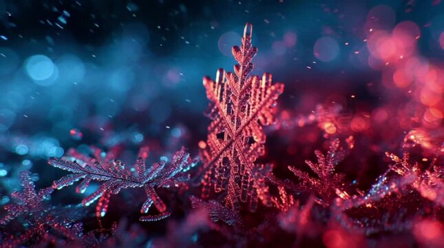 Macro shot of a delicate red snowflake with intricate patterns against a dark, bokeh background with a cold and serene mood.