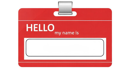 Red "HELLO my name is" Name Tag Badge Vector Template with Silver Clip isolated on Transparent Background