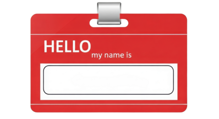 Red "HELLO my name is" Name Tag Badge Vector Template with Silver Clip isolated on Transparent Background