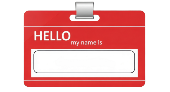 Red "HELLO my name is" Name Tag Badge Vector Template with Silver Clip isolated on Transparent Background