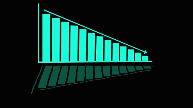 Cyan Bar Graph Showing Downward Trend with Arrow and Reflection chart data animated.Animated cyan bar chart showing falling trend with arrow indicator and reflective chart visualization.