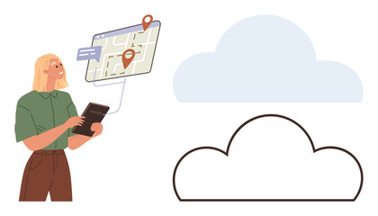 Woman holding tablet accessing map with pins and speech bubble, accompanied by cloud outlines. Ideal for navigation, technology, cloud storage, data transfer, digital communication, mapping, remote