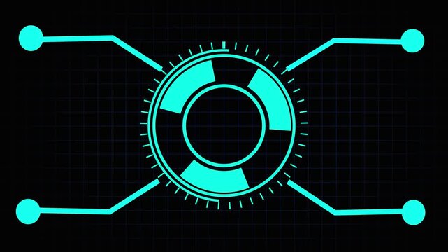 Cyan Futuristic Interface Element with Central Circle and Four Outward Lines technology sci-fi animated. Animated cyan interface element showing central circle with four radiating lines in futuristic - Powered by Adobe
