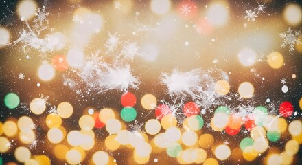 Festive Christmas background with glowing bokeh lights and snowflakes.