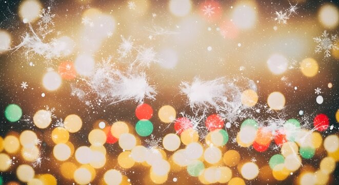 Festive Christmas background with glowing bokeh lights and snowflakes.