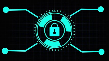 Digital Security Lock Icon with Futuristic Interface on Dark Grid animated. Futuristic digital lock icon with animated interface elements on dark grid in smooth technology motion. - Powered by Adobe