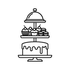 Line art illustration of a twotiered dessert stand featuring cupcakes, macarons, and a large frosted cake