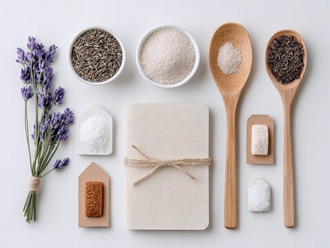 A collection of natural ingredients including lavender, cumin seeds, sugar, and salt are arranged on a white surface.