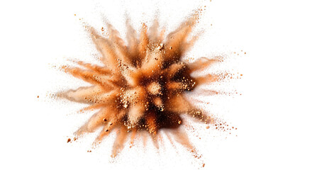 Dynamic explosion of vibrant orange and brown powder particles