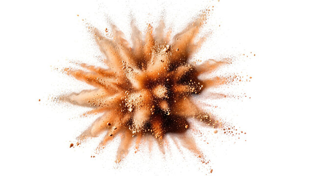 Dynamic explosion of vibrant orange and brown powder particles