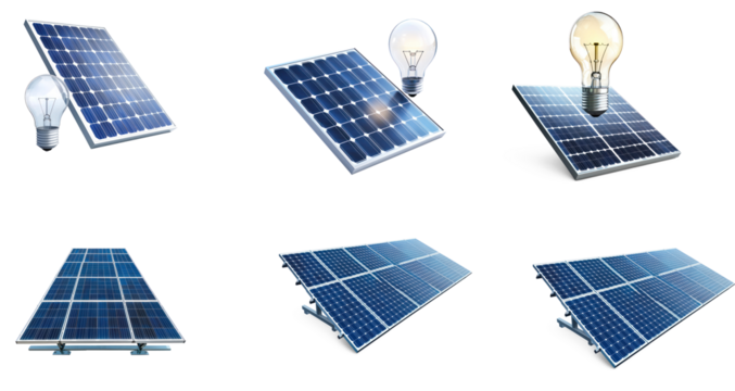 Collection of  solar panel connected to a light bulb, representing power generation. full length isolate on transparent background