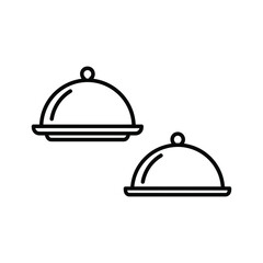 Two simple line art icons of covered food cloches on plates, representing dining, catering, or restaurant service