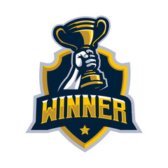 Hand holding trophy winner logo