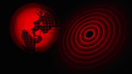 Abstract red planetary globe with surrounding red concentric circles forming a clean animated visual of a modern dynamic world planet. Red Earth Globe and Red Concentric Circles on Dark animation - Powered by Adobe