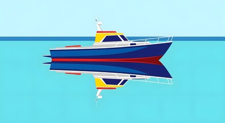 Blue and yellow fishing boat on calm blue water with reflection