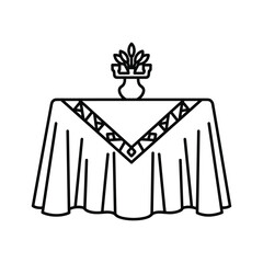 A simple line art illustration of a dining table with a draped tablecloth and a decorative centerpiece