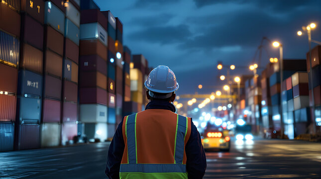 Cargo container worker at night port logistics industrial shipping global trade supply chain management