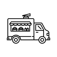 Food truck icon, street food vendor vehicle, mobile restaurant service, outline illustration